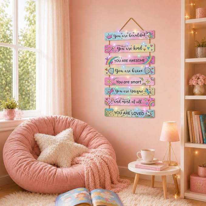 Cute Unicorn Room Decor Set of 8 with Led Light for Teen Girls Kids Toddler, Preppy Inspirational Rainbow Wood Nursery Wall Decor for Dorm Bedroom, Dreamy Cozy Chic Motivational Princess Room Decor