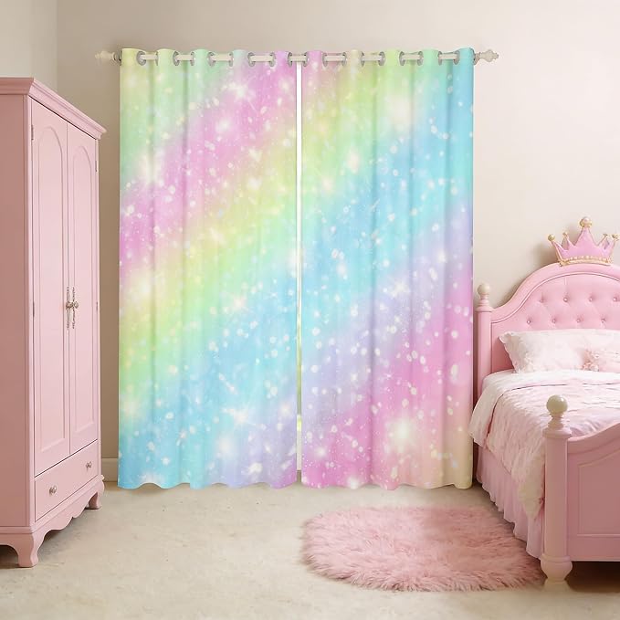 Erosebridal Rainbow Window Curtains for Kids Girls Teens Tie Dye Pastel Curtains 52" Wx63 L Golden Glitter Girly Sweet Window Treatments Curtains Abstract Watercolor Art Window Drapes 2 Panel Set