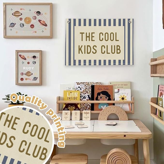 RTXLEZM Boys Room Decor, The Cool Kids Club Canvas Banner | Retro Preppy Navy Blue Striped Wall Hanging for Kids Toddler Boys Nursery Room Bedroom Playroom Decor, 20x30 Inch