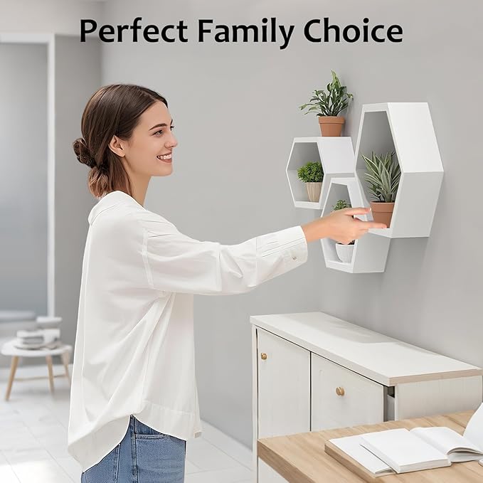 ZGZD Set of 3 White Wooden Hexagon Wall Shelves - Modern Decorative Storage for Home, Kitchen, Office – Stylish Floating Shelves for Small Plants, Books, and Decor