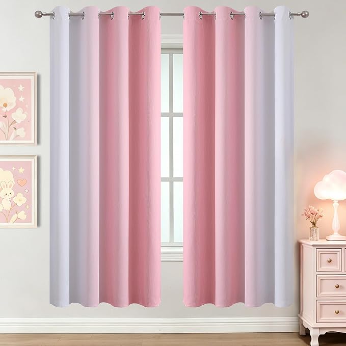 Estelar Textiler Pink and Greyish White Ombre Blackout Curtains 72 Inch Long for Kids Bedroom, Room Darkening Thermal Insulated Grommet Gradient Window Drapes for Living Room/Nursery, 52Wx72L,2 Panels