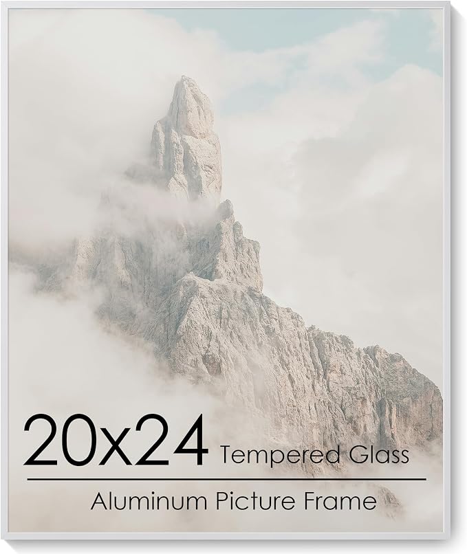 20x24 Metal Picture Frame, Aluminum Poster Frame with Real Glass, Silver | Sleek Silver 24x20 Frame with Tempered Glass for Wall Display, Posters, Art & Photos | Wall Kit Included