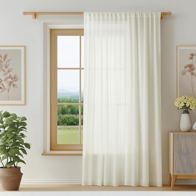 FMFUNCTEX Sheer Non-See-Through Netural Beige Curtains for Bedroom, Sliding Door Curtains 108 Inches Long Window Curtain Drapes for Living Room, Patio Glass Door Extra Wide Curtain, Rod Pocket 1 Panel