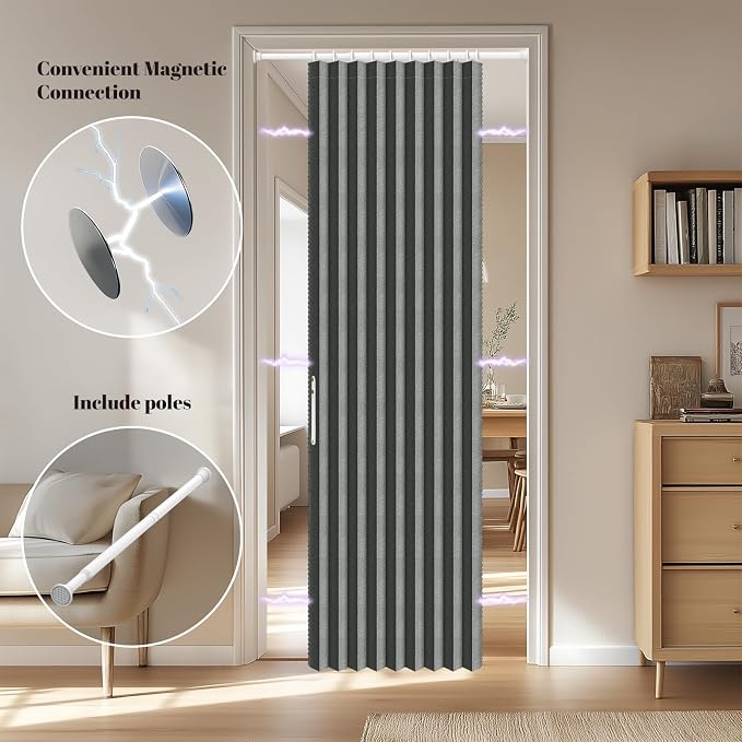 AJAZZ Blackout Accordion Door Invisible Accordion Doors Interior Magnetic Door Curtain for Bedroom Living Room Doorway Curtain Sets Included Rod (1 Pack, 54W x 78 L, Dark Grey)