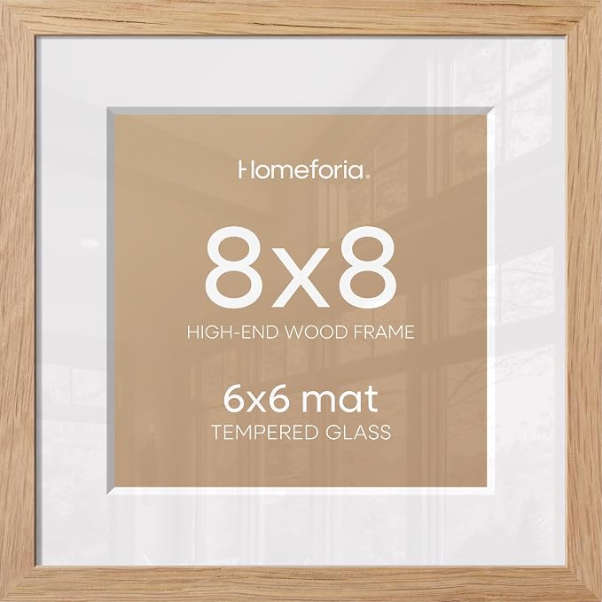 Homeforia 8x8 Picture Frames Wood, High-End Natural Oak 8 x 8 Square Frames with Mat 6 by 6 inch Photo, 8by8 Light Wooden Frames Matted to 6x6 Print, Tabletop Frame, Tempered Glass, Wall Kit, Set of 4
