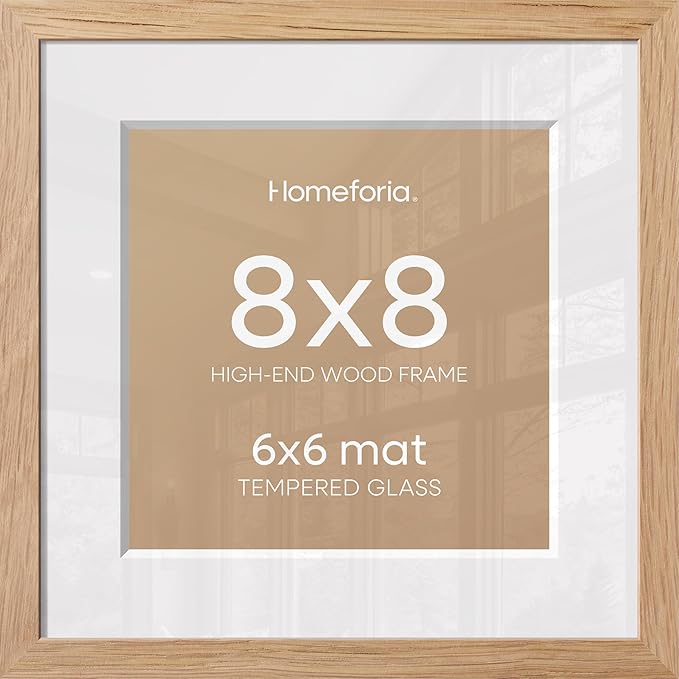 Homeforia 8x8 Picture Frames Wood, High-End Natural Oak 8 x 8 Square Frames with Mat 6 by 6 inch Photo, 8by8 Light Wooden Frames Matted to 6x6 Print, Tabletop Frame, Tempered Glass, Wall Kit, Set of 3