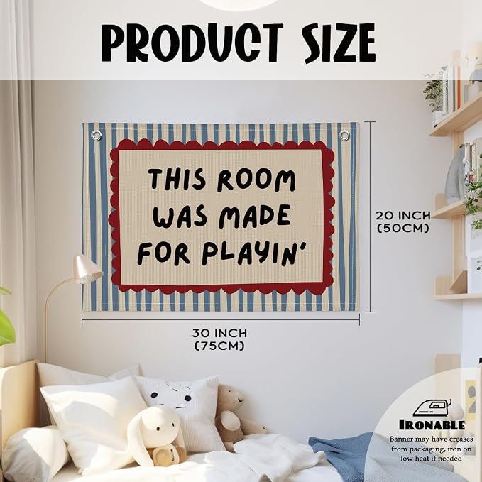 Playroom Decor Wall Banner "This Room Was Made For Playin'" 20x30 Inch - Nursery Canvas Art, Kids Bedroom Hanging, Linen Toddler Play Area Sign, Children's Canvas Flag Decor - Vintage