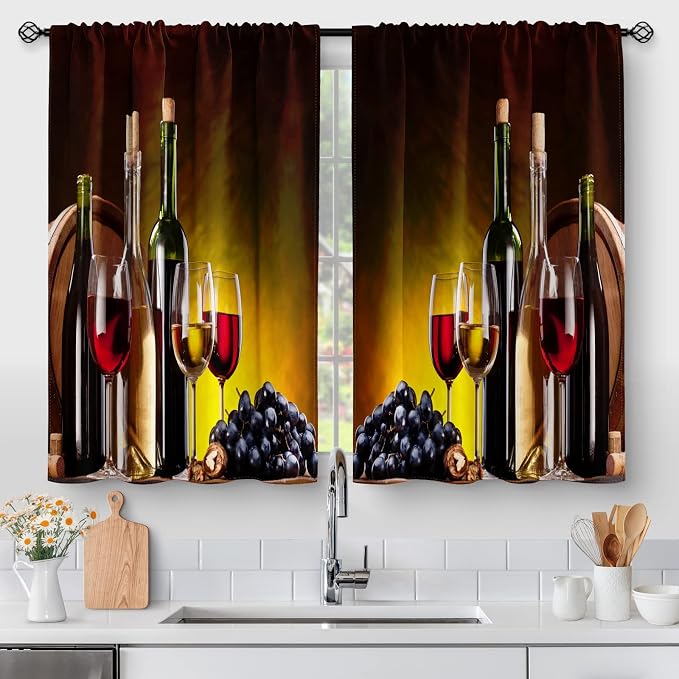 Aimego Wine Glass Kitchen Curtains - Rustic Vintage Farmhouse Short Cafe Curtains for Living Dining Room Tier Curtains for Bathroom Room Darkening Rod Pocket Window Drapes 2 Panels Set 28"x24"