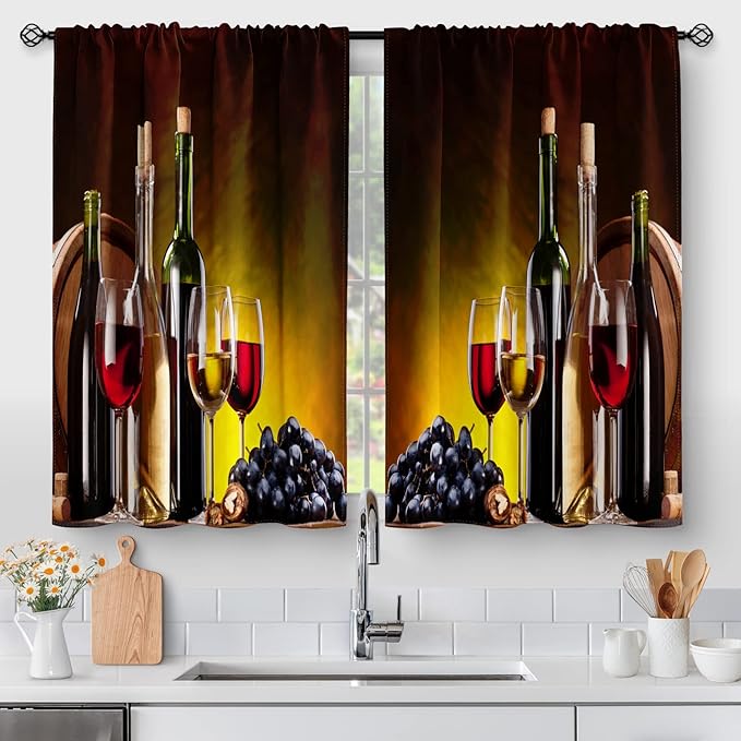 Aimego Wine Glass Kitchen Curtains - Rustic Vintage Farmhouse Short Cafe Curtains Decor for Living Dining Room Tier Curtains for Bathroom Room Darkening Rod Pocket Window Drapes 2 Panels Set 28x36