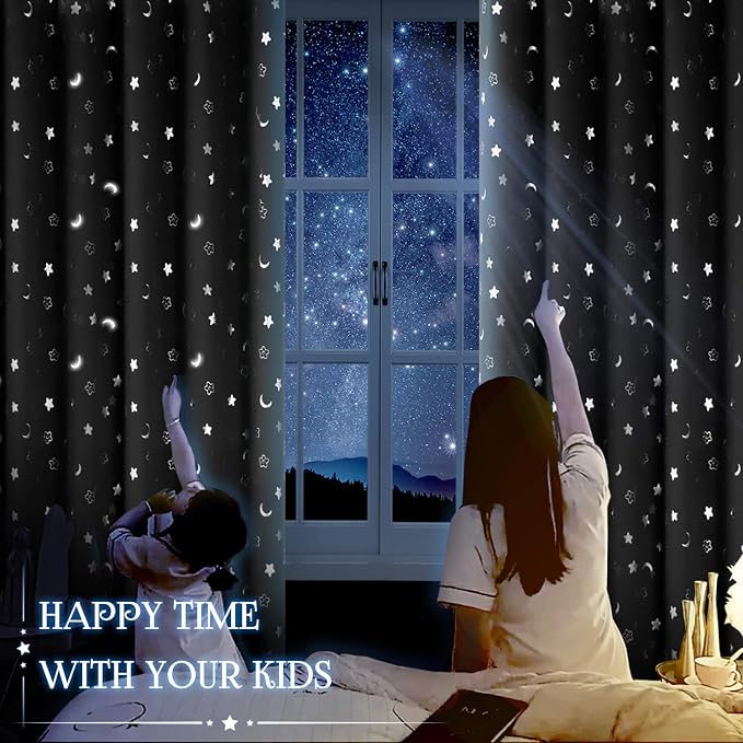 BGment Kids Curtains for Bedroom 63 Inch Length 2 Panels Set, Star and Moon Blackout Curtains for Boys Room Decor, Nursery Thermal Insulated Room Darkening Curtains with Grommet, 38 Wide, Navy Blue