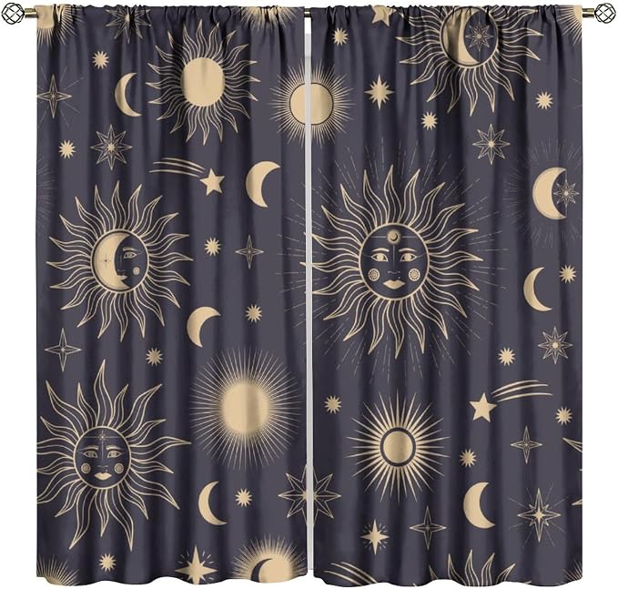 Sun Moon Blackout Curtains, Hand Drawn Sun Moon Stars Magic Space Galaxy Window Treatment Drapes for Bedroom Living Room 63" W X 63" L