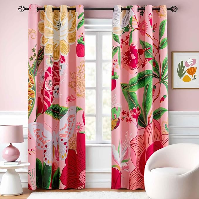 Tyrot Pink Boho Floral Blackout Curtains for Girls Bedroom 84 inch Long 2 Panels Butterfly Black Out Curtains for Living Room Grommet Nursery Thermal Insulated Room Darkening Window Drapes,52Wx84L