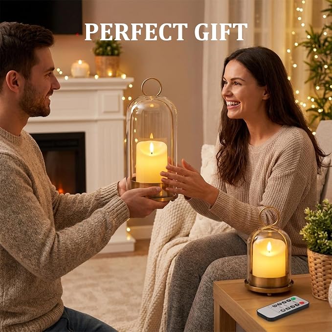Brass Hurricane Handmade Sturdy Glass Dome Candle Holders with Glass Cover, Set of 2 Flameless Battery Operated LED Pillar Candles and Remote, Elegant Cloche Lantern for Modern Table Centerpiece
