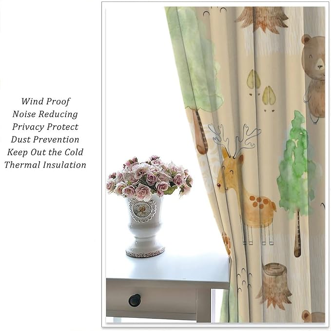 Rustic Animal Curtains, Wild Forest Animal Bear Fox Deer Kids Window Treatments for Living Room Bedroom, Farmhouse Woodland Blackout Drapes 2 Panel Sets, 52x84 Inch