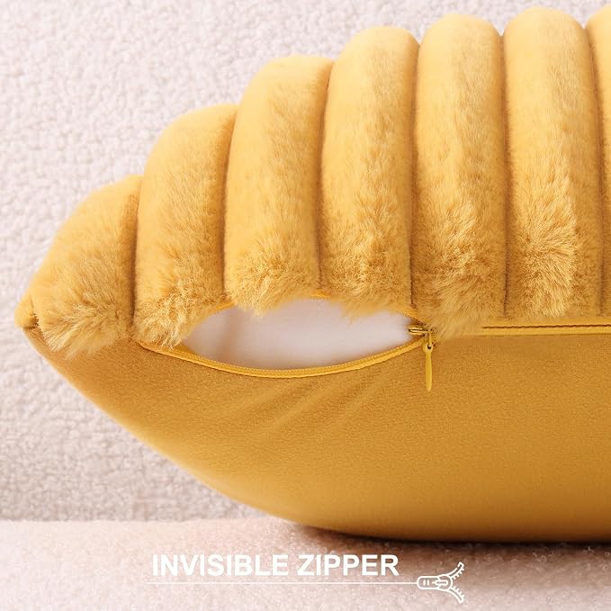 Pallene Faux Fur Plush Throw Pillow Covers 16x16 Set of 2, Luxury Soft Fluffy Striped Decorative Pillow Covers for Sofa, Couch, Living Room, Mustard Yellow