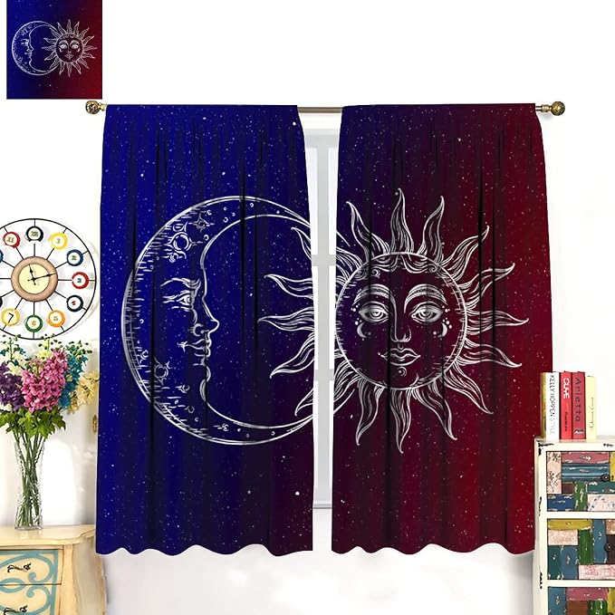 Sun Moon Blackout Windows Curtains, Burning Sun Moon Red Blue Cosmic Galaxy Bohemian Curtains, for Living Room Bedroom 42x54in 2 Panels