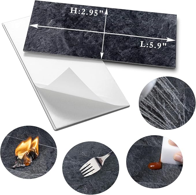 AULIGET 3" x 6" Peel and Stick Backsplash Wall Tiles, PVC Faux Stone Stick on Tiles for Backsplash Kitchen (4, Black Slate)