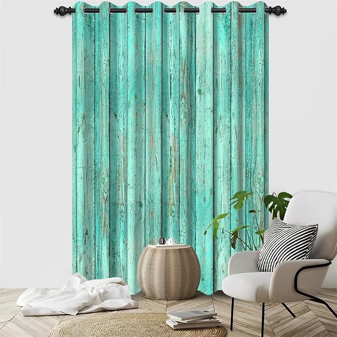Mint Green Window Curtains Vintage Rustic Wood Plank Old Barn Door Garage Door Vertical Striped Wood Farmhouse Rural Farm Style Living Room Bedroom Drapes Treatment,26x84 inch,2 Panels