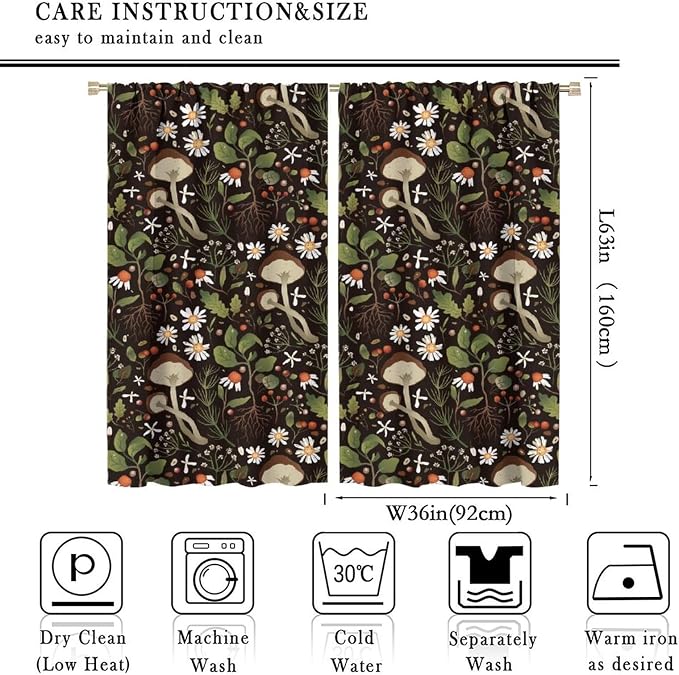 Mushroom Curtains,Green Plant Forest Botanical Print Window Treatments for Bedroom Living Room Kitchen Cartoon Herbs Floral Window Drapes 2 Panels Set,Total Size 72 x 63 Inch