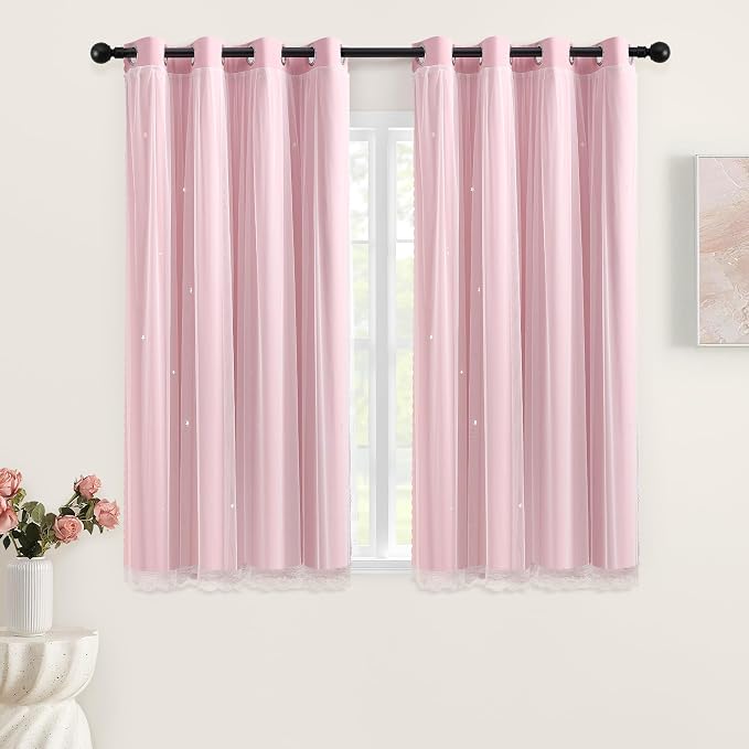 XiDi Pink Short Blackout Curtains for Bedroom 54 Inches Long 2 Panels Set, Hollw Star Design, Thermal Insulated Energy Saving Window Treatment Curtains Blackout Drapes, W34 x L54 Inch, Blush Pink