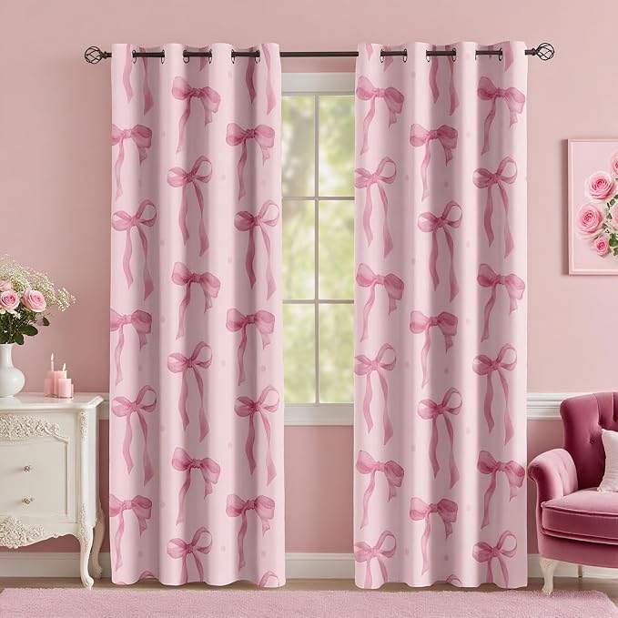 LUVIVIHOME Pink Bow Curtains, Cute Blackout Curtains for Girls Bedroom, Kids Room Decor, Aesthetic Girly Curtains, 2 Panel Sets, 42x84 Inch