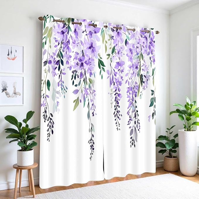 Purple Watercolor Floral Curtains, Botanical Leaves Vine Flowers Curtain, Rustic Farmhouse Flower Leaf Blackout Window Treatment Drapes for Bedroom Living Room 42x96 inch, 2 Panels