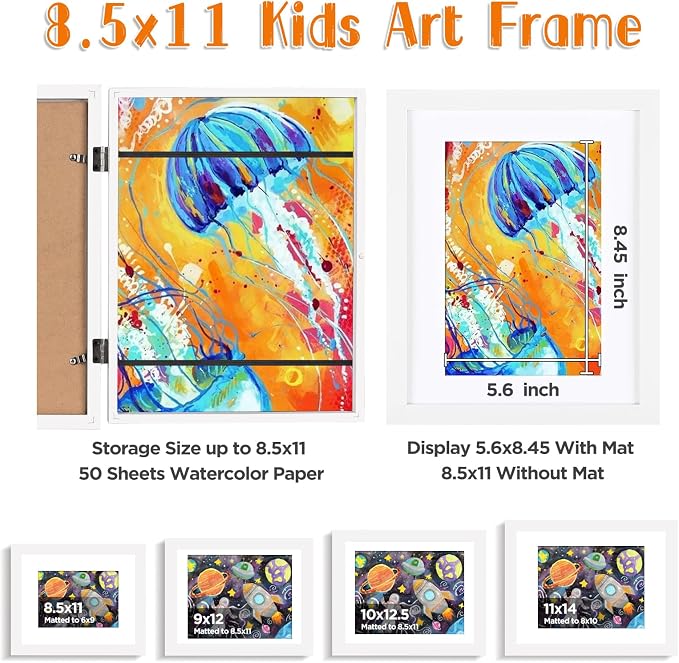 KINLINK 8.5x11 Kids Art Frame 2 Pack, Solid Wood Artwork Frames Changeable, Front Opening Hold 150 Pictures, Art Frames for Kids Artwork, 6x9 with Mat 8.5x11 without Mat, Picture Frames White