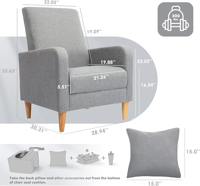 COLAMY Mid-Century Modern Accent Chair, Fabric Upholstered Living Room Chair with Back Pillow & Solid Wood Legs, Comfy Armchair for Living Room, Bedroom, Single Sofa, Grey