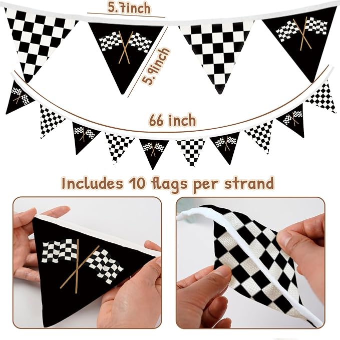 Lacama Car Room Decor,Boys Room Wall Art Decor for Toddler Nursery Playroom, Black and White Checkered Garland Triangle Banners,Racing Flags Bunting Flags Fabric for Baby Shower Birthday Party，Kidroom