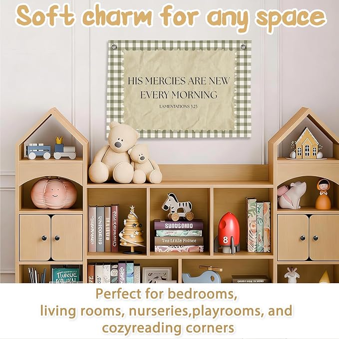 RTXLEZM Christian Nursery Decor, Kids Room Wall Art Decor | Retro His Mercies Are New Every Morning Christian Canvas Banner Wall Hanging for Kids Toddler Boys Nursery Room Bedroom