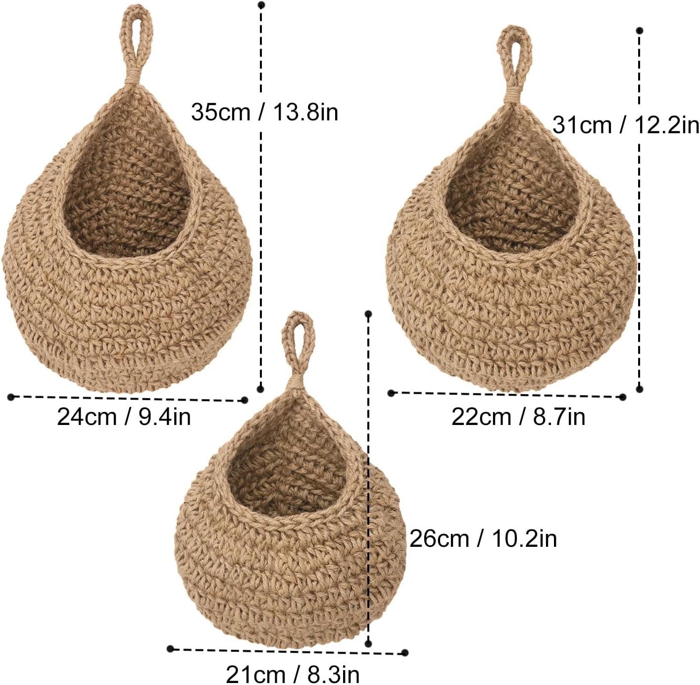 3 Pack Hanging Wall Basket with Hook, 3 Size Wall Hanging Fruit Baskets, Hanging Baskets for Organizing, Hanging Fruit Baskets for Kitchen, Restaurant, Coffee Shop, Party and Garden Decor