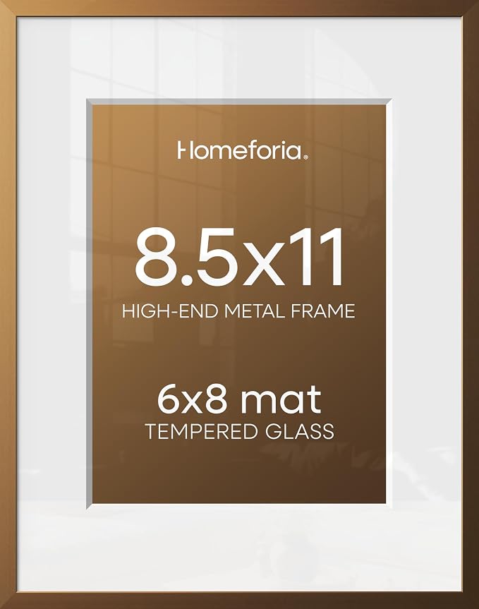Homeforia 8.5x11 Picture Frame Bronze, High End Metal Brass Frame 8.5 x 11 with Mat 6 by 8 Photo, 11x8.5 Frames Matted to 6x8 Print, 8.5by11 Wall or Tabletop Frames, Tempered Glass, Wall Kit, Set of 3