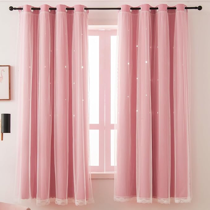 Pink Curtains Cute Blackout Curtains for Girls Room 63 Inches Long 2 Panels Star Cutout Nursery Curtains & Drapes Double Layer with Lace Bedroom Decor Window Treatments 63 Inch Length