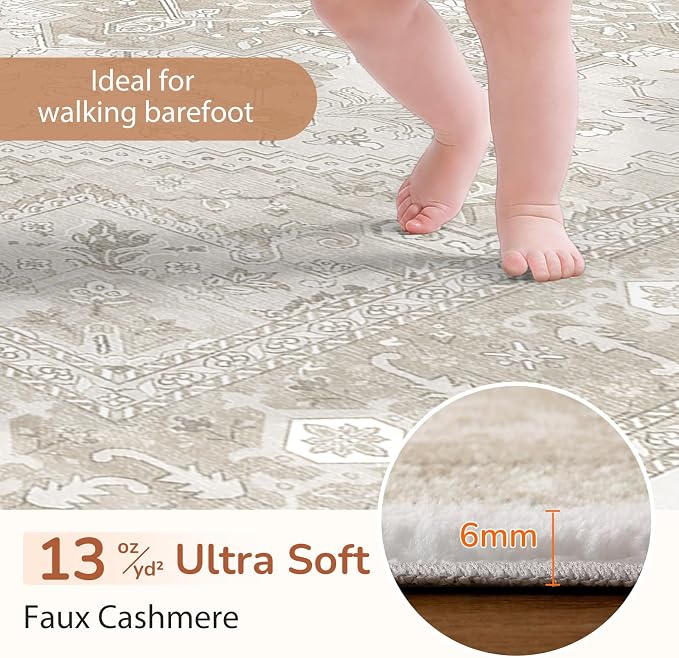 OPPODREAM Soft Round Rug 6ft, Play Room Rug, Washable Circle Rug 6ft with Non Slip Backing, Small Low-Pile Area Rugs 6 ft, Faux Cashmere Throw Carpet, Beige