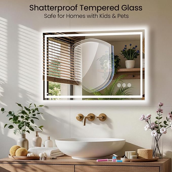 40X32 LED Bathroom Mirror with Lights, Anti-Fog, Backlit + Front Lit (CRI>90), Lighted Bathroom Vanity Mirror for Wall, Memory Function, Dimmable, Tempered Glass, Shatter-Proof