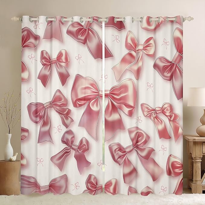 Erosebridal Cute Ribbon Bow Curtain Pink Kawaii Bowknot 52" Wx63 L Window Curtain for Girls Kids Teen,Watercolor Bow Princess Window Treatments Dreamy Bowknot Curtains & Drapes