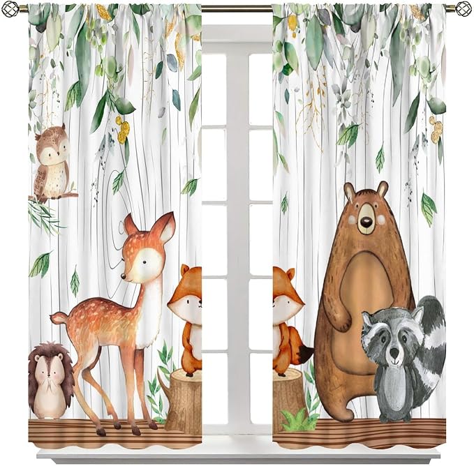 Forest Animal Curtains, Watercolor Wild Animal Bear Fox Deer Kids Window Treatments for Living Room Bedroom,Green Woodland Tree Kids Drapes 2 Panel Sets,63x63 Inch