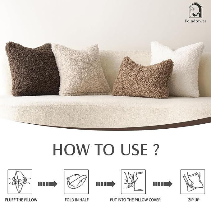 Foindtower 2 Pieces 24x24 Inch White, Faux Fur Throw Pillow Cover Accent Sherpa Pillow Fuzzy Soft Pillowcases Sheepskin Decorative Fleece Cushion Case for Bed Couch Living Room