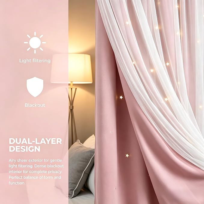 Princess Curtains for Girls Bedroom with Sheer Overlay,Double Layer Curtain for Living Room with Star Cutout, Curtains for Kids Room (52 W*95 L Inches,2 Pcs Pink)