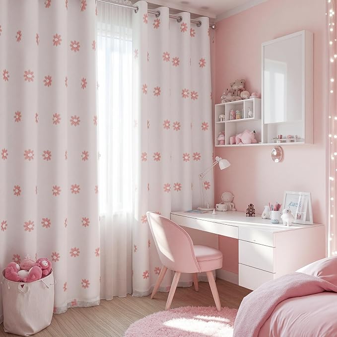 MYSKY HOME Pink Floral Blackout Curtains for Living Room 90 Inches Long Total Light Blocking Curtain for Girls Bedroom 2 Panels Grommet 100% Room Darkening Window Drapes with Flower Sheer 52W x 84L