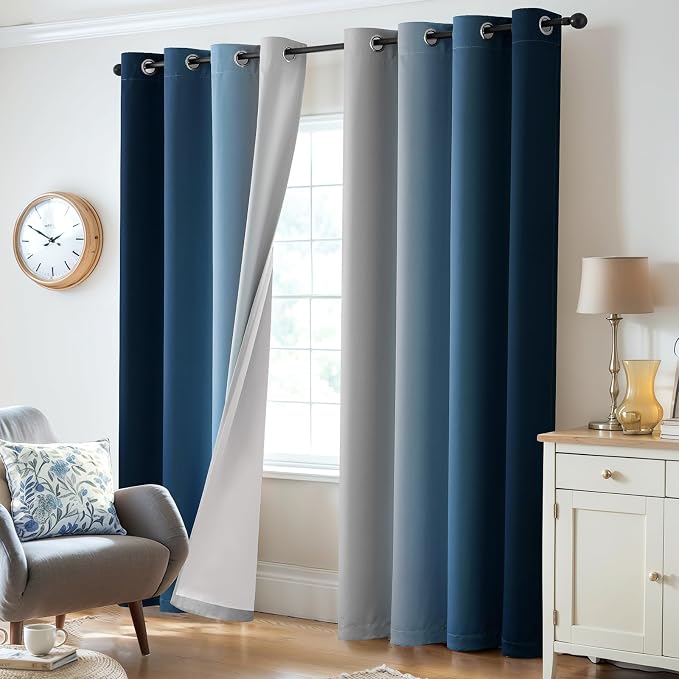 Yakamok 100% Blackout Curtains Ombre Blue Curtains for Bedroom 84 Inch | 2 Layers,Room Darkening Grommet Gradient Drapes,Light Blocking Thermal Insulated Window Curtains for Living Room 52W x 84 L