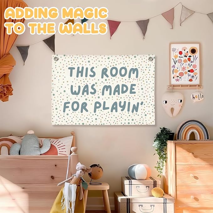 Playroom Wall Decor, Boho This Room Was Made For Playin Linen Canvas Banner, Toddler Playroom Decor Kids Toy Room Nursery Wall Decor for Toddler Boys Bedroom, 30x20 Inch