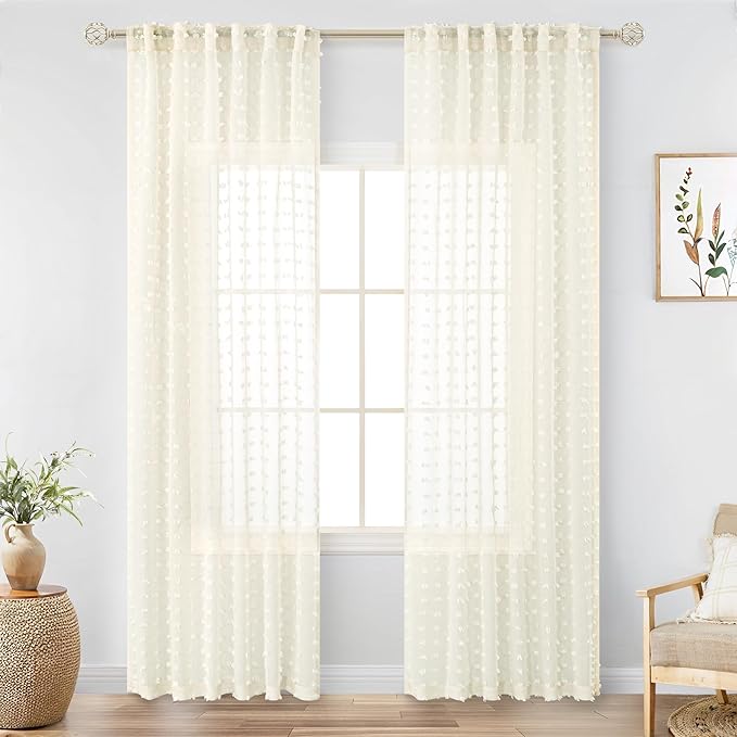 DANCURTON Sheer Cream Curtains 96 Inches Long for Living Room Fairy Pom Pom Textured Ivory Sheer Curtains Back Tab Farmhouse Boho Sheer Voile Drapes for Bedroom Laundry Room 2 Panels 52x96 Inch Length