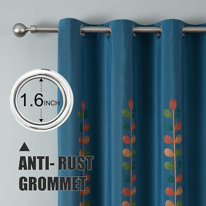 VOGOL Country Style Curtains for Farmhouse, 2 Panels Set Light Filtering Privacy Drapes for Home Office, Colorful Leaves Embroidered Grommet Window Treatments, 52 x 96, Blue