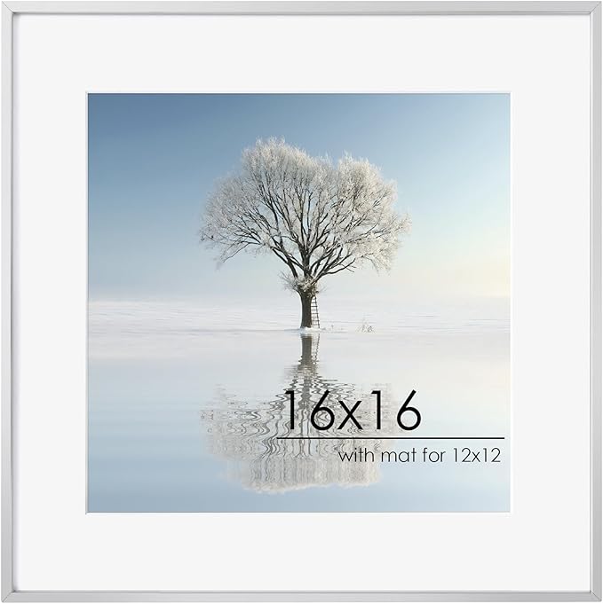 FLYJOE 16x16 Metal Square Picture Frame For Wall With Mat For 12x12, 16''x16'' Aluminum Photo Frames With Tempered Glass For Home Decor, Minimalist Modern Poster Frame Horizontally Vertically, Silver