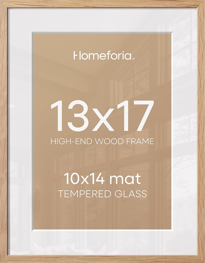 Homeforia 13x17 Picture Frame Natural Wood, High End Oak 13x17 Light Wooden Poster Frame with Mat 10x14, 13 x 17 Frames Matted to 10 x 14 Photo, 17x13 Hanging Frame, Tempered Glass, Wall Kit, Set of 2