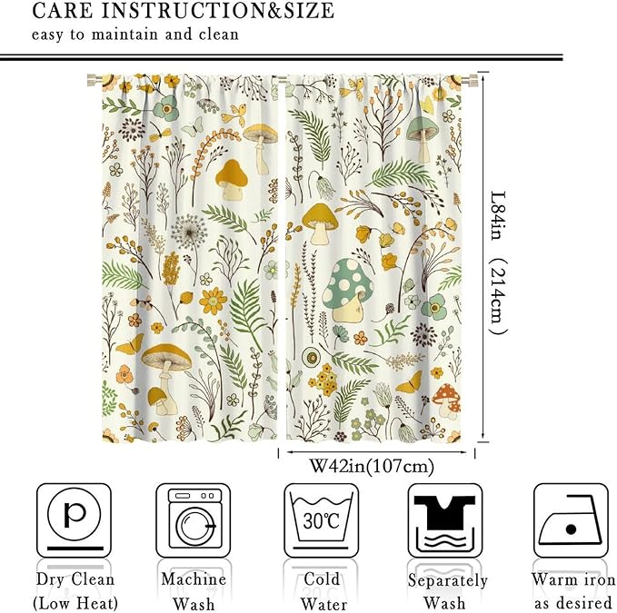 Wild Mushroom Curtains, Vintage Botanical Rustic Retro Wildflower Herbs Plants Green Mushroom Blackout Window Treatments for Living Room Kitchen Bedroom 84x84in