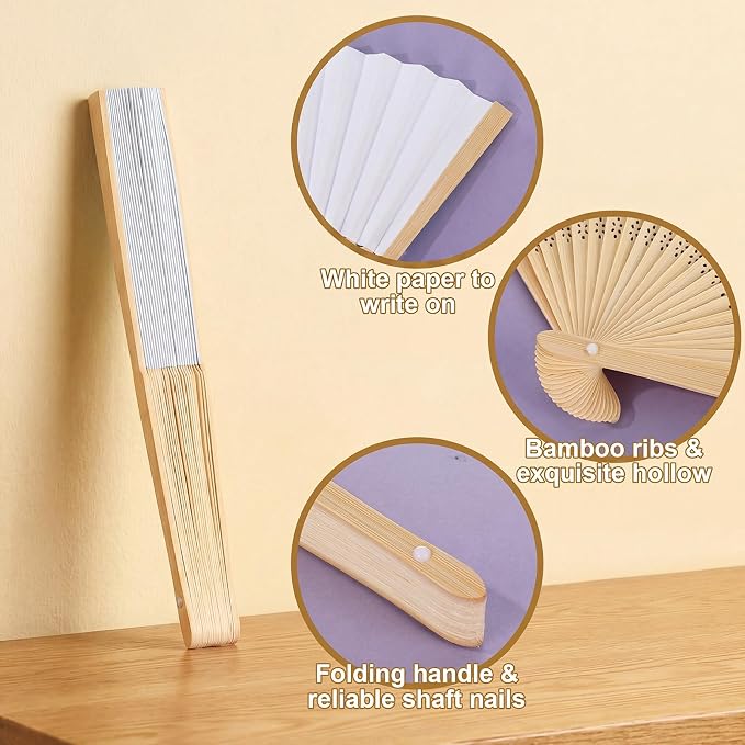 Qunclay 300 Pcs Paper Hand Fans Bulk Bamboo Folding Handheld Wedding Fans for Bridal Dancing Party Favors Church Home Decoration Gift DIY Supplies Stage Props in OPP Individual Package (Pure White)