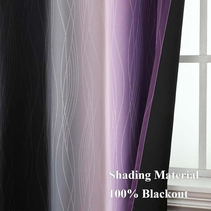 Estelar Textiler Purple and Black Blackout Curtains for Living Room, Full Room Darkening Ombre Curtains for Bedroom, Thermal Insulated Light Blocking Gradient Grommet Drapes, 42Wx84L, 2 Panels
