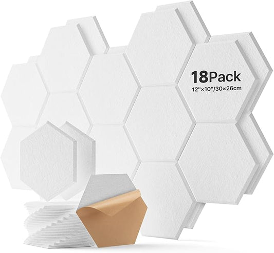 18 Pack Hexagon Acoustic Panels, Self-Adhesive Soundproof Wall Panels, High Density Acoustic Wall Panels, Sound Proofing Panels for Walls, Office, Recording Studio, Ceiling 12" X 10" X 0.4" White